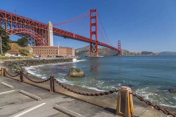 View of Golden Gate Bridge and Fort Point from Marine Drive, San Francisco, California