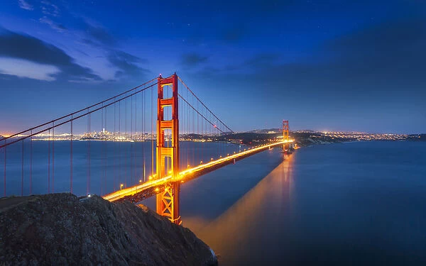 View of Golden Gate Bridge from Golden Gate Bridge Vista Point at night, San Francisco