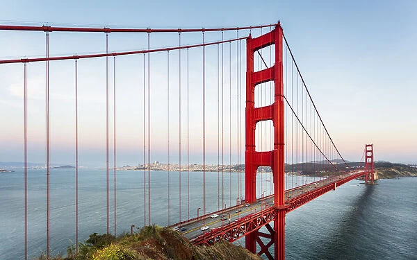 View of Golden Gate Bridge from Golden Gate Bridge Vista Point at sunset, San Francisco