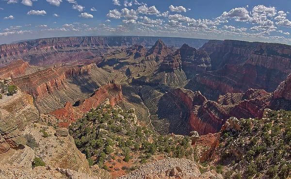 View of Grand Canyon from the south cliffs of Cape Final on the North Rim with Unkar Creek below and right of centre the pointed peak of Freya's Castle, Grand Canyon National Park, UNESCO World Heritage Site, Arizona, United States of America