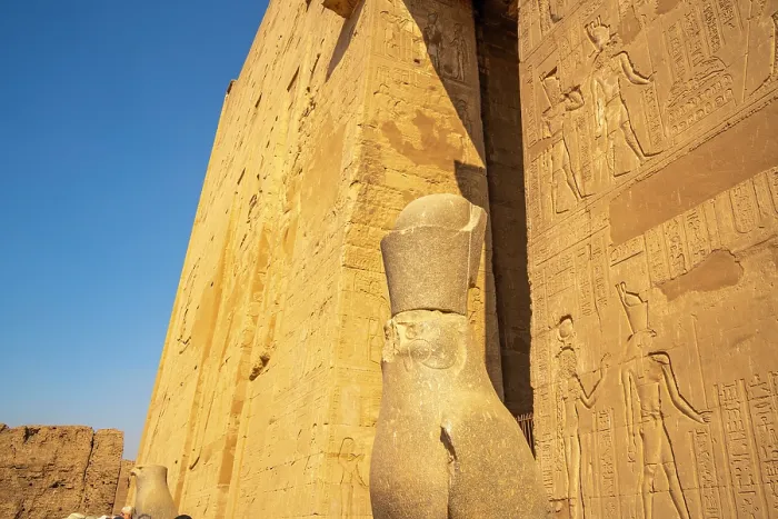 Framed Print : View of granite falcons, Pylon, Temple of Horus, Edfu, Egypt, North Africa, Africa