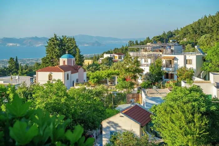 Framed Print : View of Greek Orthodox Church with sea in background, Zia Village, Kos Town, Kos, Dodecanese, Greek Islands, Greece, Europe Framed Print : View of Greek Orthodox Church with sea in background, Zia Village, Kos Town, Kos, Dodecanese, Greek Islands, Greece, Europe