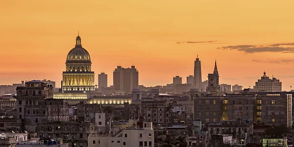 View over Habana Vieja towards El Capitolio at sunset, Havana, La Habana Province, Cuba