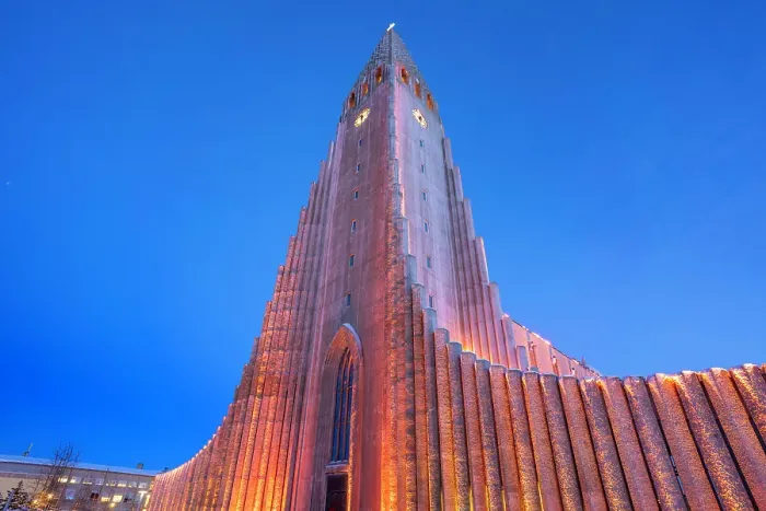Framed Print : View of Hallgrimskirkja church illuminated at dusk in winter, Reykjavik, Iceland Framed Print : View of Hallgrimskirkja church illuminated at dusk in winter, Reykjavik, Iceland