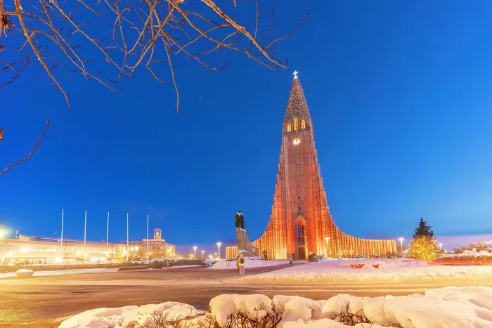Framed Print : View of Hallgrimskirkja church illuminated at dusk in winter, Reykjavik, Iceland Framed Print : View of Hallgrimskirkja church illuminated at dusk in winter, Reykjavik, Iceland