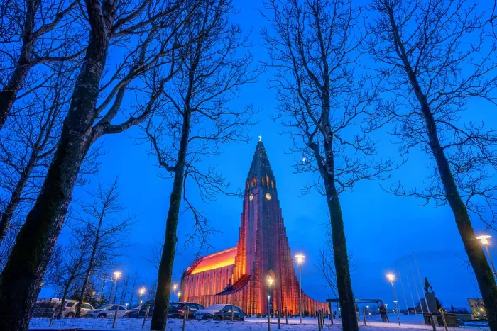 Framed Print : View of Hallgrimskirkja church illuminated at dusk in winter, Reykjavik, Iceland Framed Print : View of Hallgrimskirkja church illuminated at dusk in winter, Reykjavik, Iceland
