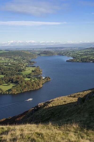 View from Hallin Fell over Lake Ullswater, Penrith and the Pennine in the distance, Lake District National Park, Cumbria, England, United Kingdom, Europe