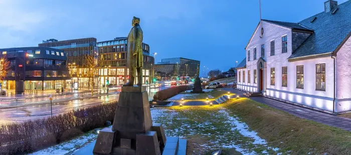 Framed Print : View of Hannes Hafstein statue and Prime Minister's Office in city centre of Reykjavik at dusk, Reykjavik, Iceland Framed Print : View of Hannes Hafstein statue and Prime Minister's Office in city centre of Reykjavik at dusk, Reykjavik, Iceland