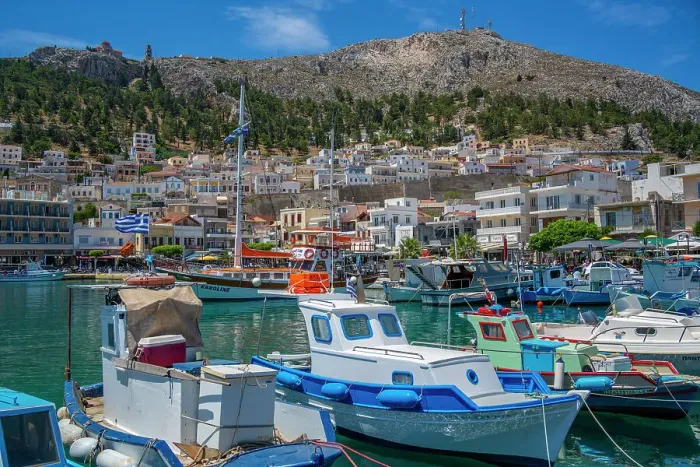 Framed Print : View of harbour boats in Kalimnos with hills in the background, Kalimnos, Dodecanese Islands, Greek Islands, Greece, Europe Framed Print : View of harbour boats in Kalimnos with hills in the background, Kalimnos, Dodecanese Islands, Greek Islands, Greece, Europe