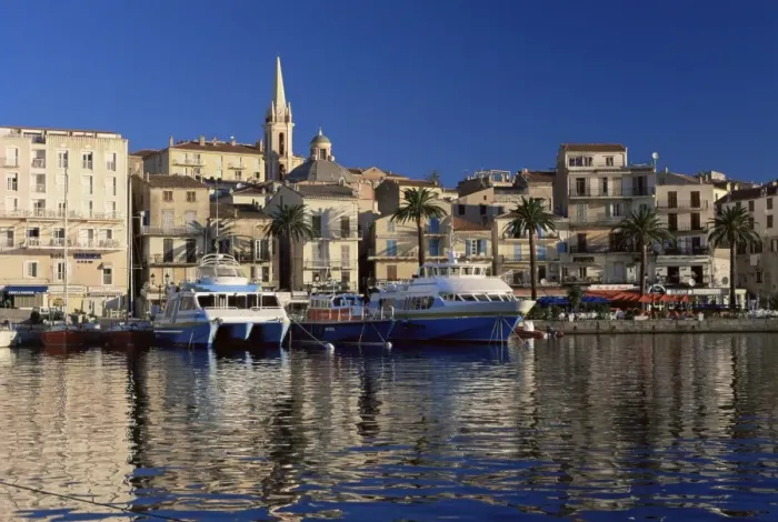Framed Print : View across harbour to church of Ste. Marie in the early morning, Calvi Framed Print : View across harbour to church of Ste. Marie in the early morning, Calvi