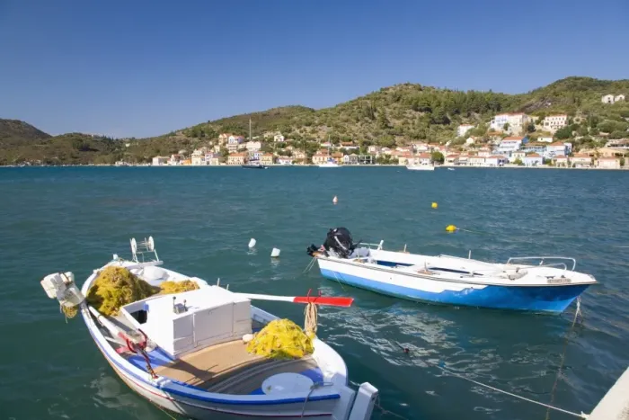 Framed Print : View across the harbour, colourful fishing boat in foreground, Vathy (Vathi), Ithaca (Ithaki), Ionian Islands, Greek Islands, Greece, Europe Framed Print : View across the harbour, colourful fishing boat in foreground, Vathy (Vathi), Ithaca (Ithaki), Ionian Islands, Greek Islands, Greece, Europe