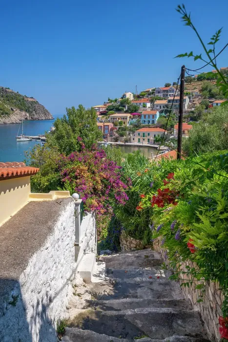 Framed Print : View of harbour and colourful houses in Assos, Assos, Kefalonia, Ionian Islands, Greek Islands, Greece, Europe Framed Print : View of harbour and colourful houses in Assos, Assos, Kefalonia, Ionian Islands, Greek Islands, Greece, Europe
