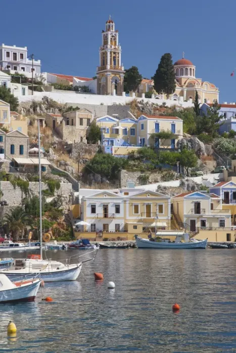 Framed Print : View over harbour to colourful houses and church, Gialos (Yialos), Symi (Simi), Rhodes Framed Print : View over harbour to colourful houses and church, Gialos (Yialos), Symi (Simi), Rhodes