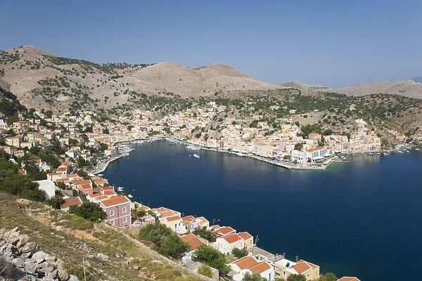 View over the harbour from hillside, Gialos (Yialos), Symi (Simi), Rhodes, Dodecanese Islands