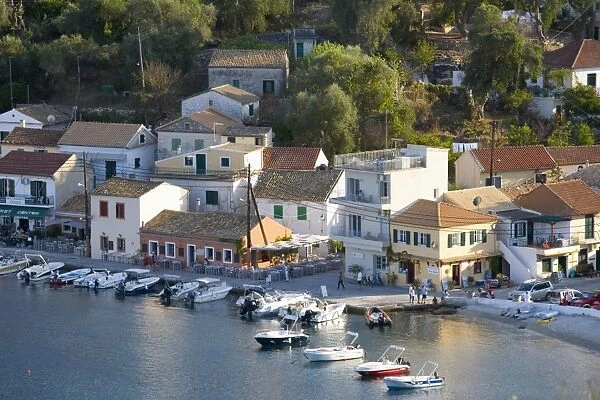 View over the harbour from hillside, Loggos, Paxos, Paxi, Corfu, Ionian Islands, Greek Islands, Greece, Europe