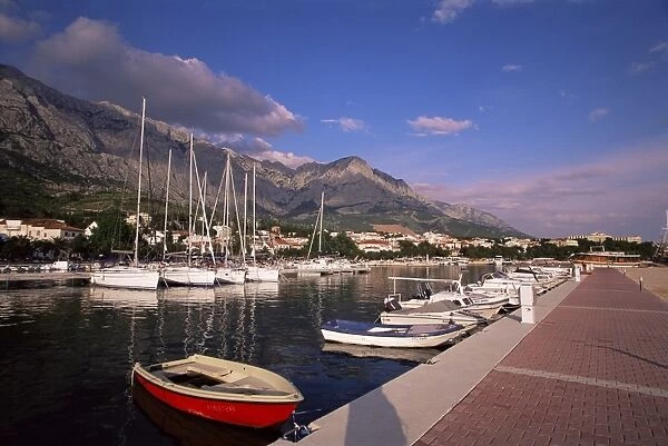 View of harbour from jetty, Baska Voda, Makarska Riviera, Croatia, Europe