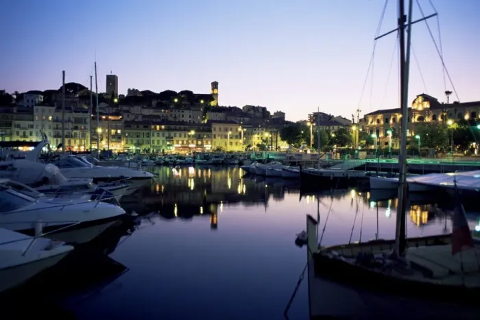 Framed Print : View across harbour to the old quarter of Le Suquet, at dusk, Cannes, Alpes-Maritimes Framed Print : View across harbour to the old quarter of Le Suquet, at dusk, Cannes, Alpes-Maritimes
