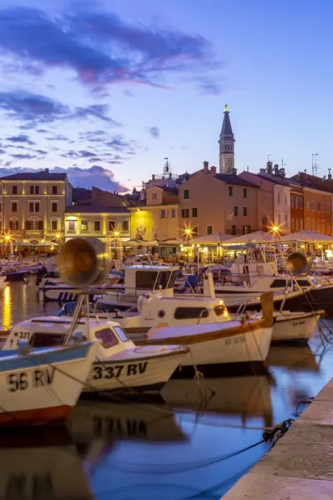 Framed Print : View of harbour and the old town with the Cathedral of St. Euphemia at dusk, Rovinj Framed Print : View of harbour and the old town with the Cathedral of St. Euphemia at dusk, Rovinj