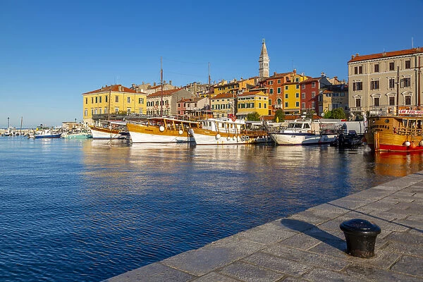 View of harbour and the old town with the Cathedral of St. Euphemia, Rovinj, Istria