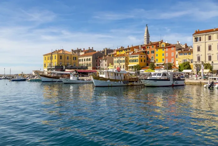 Framed Print : View of harbour and the old town with the Cathedral of St. Euphemia, Rovinj, Istria