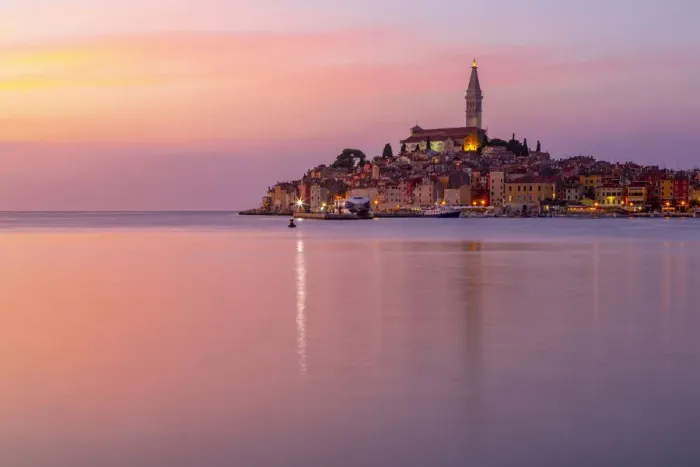 Framed Print : View of harbour and the old town with the Cathedral of St. Euphemia at dusk, Rovinj Framed Print : View of harbour and the old town with the Cathedral of St. Euphemia at dusk, Rovinj