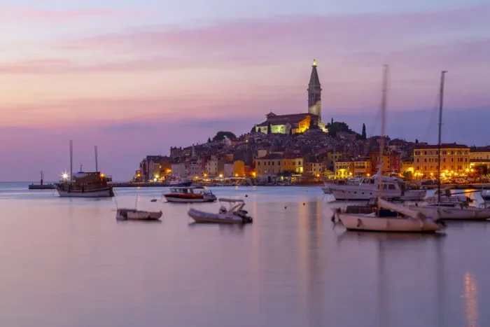 Framed Print : View of harbour and the old town with the Cathedral of St. Euphemia at dusk, Rovinj Framed Print : View of harbour and the old town with the Cathedral of St. Euphemia at dusk, Rovinj