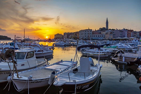 View of harbour and the old town with the Cathedral of St. Euphemia, Rovinj, Istria