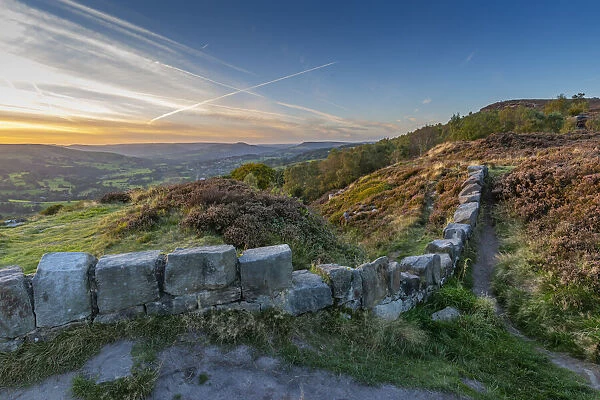 View of over Hathersage Booths from Surprise View at sunset, Millstone Edge