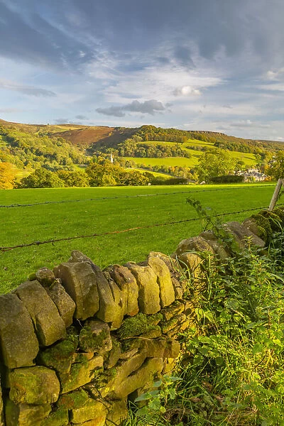 View of Hathersage and countryside autumnal colours, Derbyshire Peak District, Derbyshire