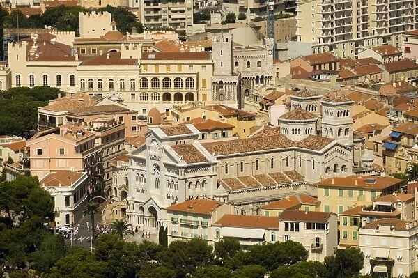 View from helicopter of Monaco Cathedral and Prince Palace, Monaco, Cote d Azur