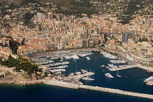 View from helicopter of Monte Carlo, Monaco, Cote d Azur, Europe