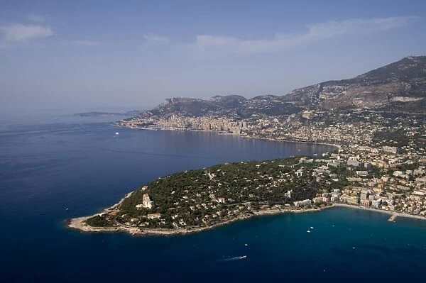 View from helicopter of Roquebrune, Cap Martin and Monte Carlo in the background