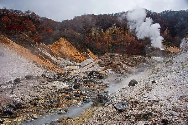 View along the Hell Valley in autumn, Noboribetsu, Hokkaido, Japan, Asia