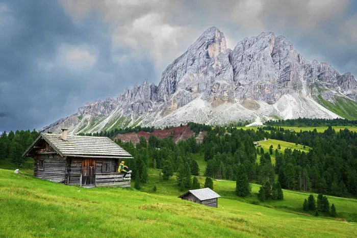 Framed Print : Side view of a hiker on chalet in green meadows admiring the rocky massif of Sass de Putia, Passo delle Erbe, Dolomites, Puez Odle, Bolzano district, South Tyrol, Italy, Europe Framed Print : Side view of a hiker on chalet in green meadows admiring the rocky massif of Sass de Putia, Passo delle Erbe, Dolomites, Puez Odle, Bolzano district, South Tyrol, Italy, Europe