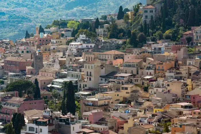 Framed Print : View of the hill town of Taormina, Sicily, Italy, Mediterranean, Europe Framed Print : View of the hill town of Taormina, Sicily, Italy, Mediterranean, Europe