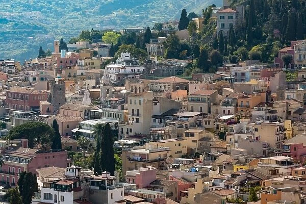 View of the hill town of Taormina, Sicily, Italy, Mediterranean, Europe