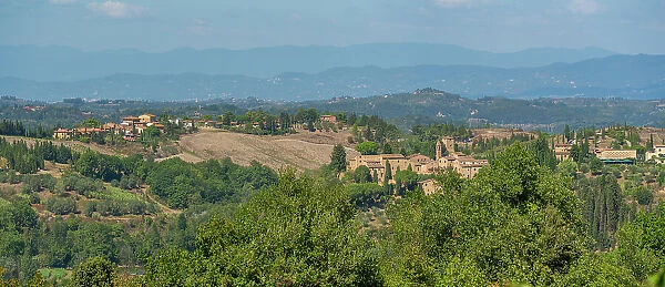 View of hills and landscape and town near San Vivaldo, Tuscany, Italy, Europe