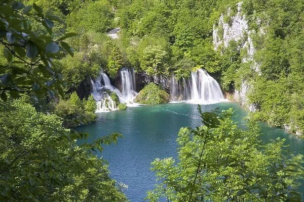 View from hillside path to falls at the head of Milanovac Lake, Plitvice Lakes National Park