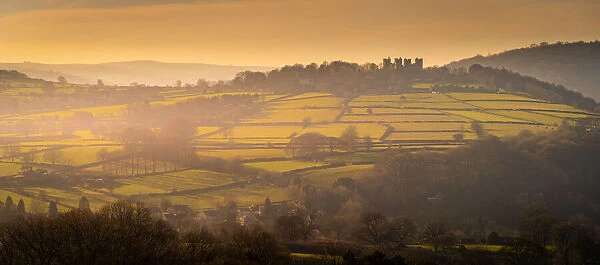 View of hilltop Riber Castle during winter at sunset, Riber, Matlock, Derbyshire, England, United Kingdom, Europe