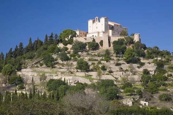 View to the hilltop Sanctuary of Sant Salvador, Arta, Mallorca, Balearic Islands