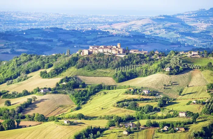 Framed Print : View towards hilltop village of Monteleone di Fermo and the surrounding countryside, Marche, Italy Framed Print : View towards hilltop village of Monteleone di Fermo and the surrounding countryside, Marche, Italy