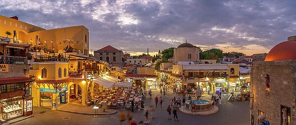View of Hippocrates Square at dusk, Old Rhodes Town, UNESCO World Heritage Site, Rhodes, Dodecanese, Greek Islands, Greece, Europe