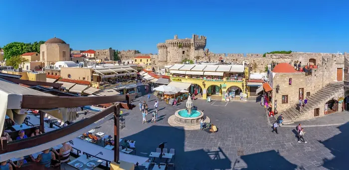 Framed Print : View of Hippocrates Square from elevated position in Rhodes Old Town, Rhodes, Dodecanese Island Group, Greek Islands, Greece, Europe Framed Print : View of Hippocrates Square from elevated position in Rhodes Old Town, Rhodes, Dodecanese Island Group, Greek Islands, Greece, Europe