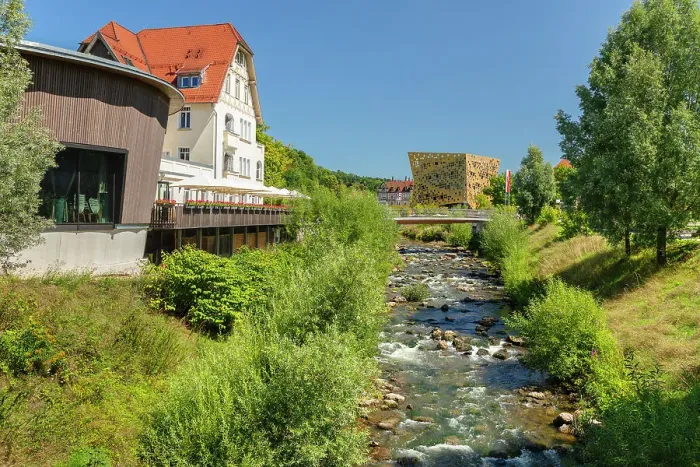 Framed Print : View from Hirzel Villa to Forum Gold and Silver, Rems River, Schwabisch Gmund, Remstal Valley, Baden-Wurttemberg, Germany, Europe