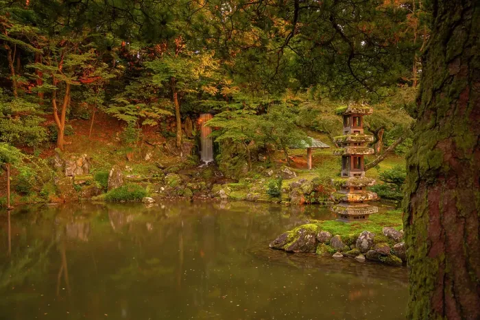 Framed Print : View of Hisago-ike Pond, Kaiseki Pagoda and waterfall in Kenrokumachi Japanese Garden, Kanazawa City, Ishikawa Prefecture, Honshu, Japan Framed Print : View of Hisago-ike Pond, Kaiseki Pagoda and waterfall in Kenrokumachi Japanese Garden, Kanazawa City, Ishikawa Prefecture, Honshu, Japan
