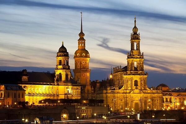 View of the Historic Centre of Dresden at night, Saxony, Germany, Europe