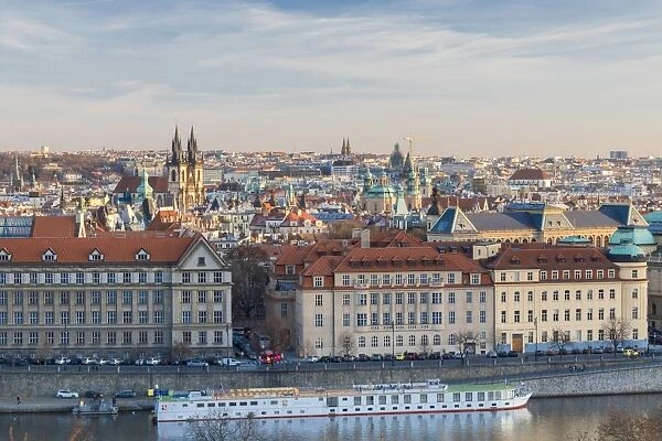 View of the historical buildings of the old town from Vltava River, Prague, Czech Republic