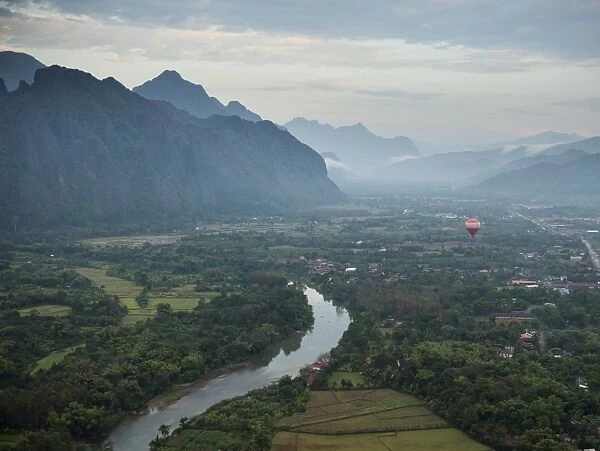 View from hot air balloon ride, Vang Vieng, Laos, Indochina, Southeast Asia, Asia
