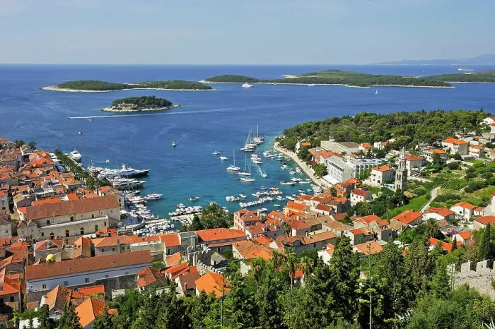 Framed Print : View over Hvar city from the fortress with Hell's Islands (Pakleni) in the background, Hvar island, Croatia, Southeast Europe Framed Print : View over Hvar city from the fortress with Hell's Islands (Pakleni) in the background, Hvar island, Croatia, Southeast Europe
