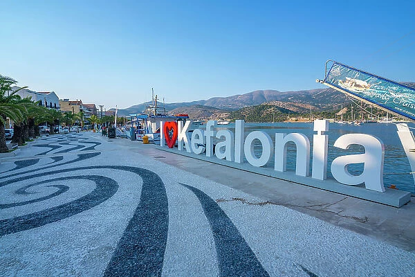 View of I Love Kefalonia sign in Argostoli, capital of Cephalonia, Argostolion, Kefalonia, Ionian Islands, Greek Islands, Greece, Europe